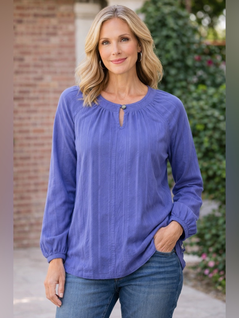 Woolrich Periwinkle Cotton Blouse Stripe Knit Keyhole Boho Top Size Small Long S